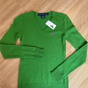 Ralph Lauren Sport Bright Green V-Neck Sweater with Pink Pony Embroidery